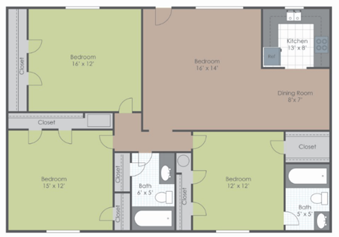 3 Bedroom 2 Bath floor plan image 1055 sq ft